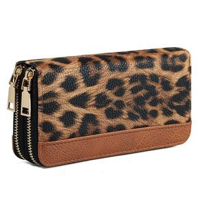 7354 Cheetah Print Wallet,Leopard Western Large Capacity Purse, 2 Zippers